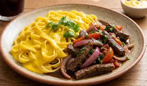 Fetuccini a la huancaina con lomo saltado