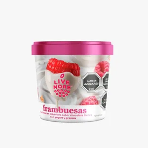 Frambuesas bañadas en chocolate blanco con yogurt y granola