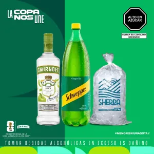 Pack 1 Vodka Smirnoff Green Apple 700Ml + 1 Schweppes Ginger Ale  1.5Lt + 1 Hielo Sherpa 2.2Kg