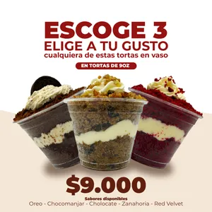 Escoge 3 tortas en vaso (9oz)