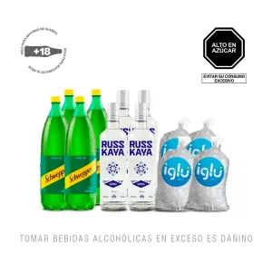 Pack (4 Vodka Russkaya 750 ml + 4 Schweppes Ginger Ale 1.5 Lt + 4 Hielo 1.5 Kg)