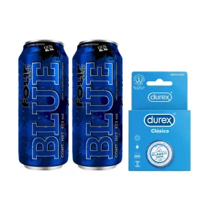 Pack (2 RTD Four Loko Blue 473 ml + 1 Preservativo Durex Clásico 3und)
