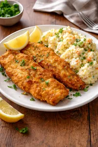 Merluza frita con Papas Mayo