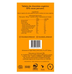 Barra 55% de cacao. Orgánicos/Veganos
