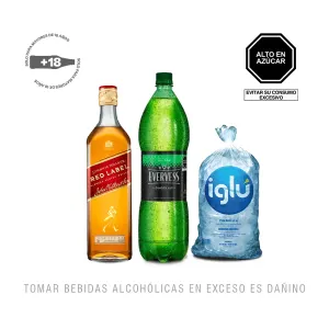 Pack (1 Whisky Johnnie Walker Red Label x 750 Ml + 1 Evervess x 1.5 Lt + 1 Hielo 1.5 Kg)