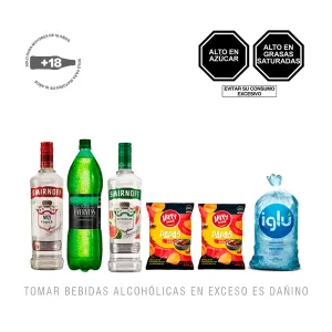 Pack (Vodka Smirnoff Red 700ml + Evervess + Vodka Smirnoff Watermelon x 700 Ml + 2 Papas Jappy Snacks BBQ 200 gr + 1 Hielo 1.5 Kg)