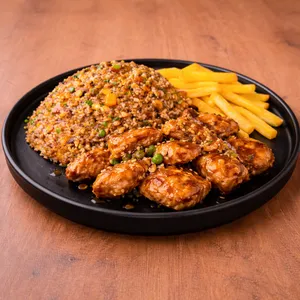 Arroz al wok + Pollo Teriyaki + Papas Fritas