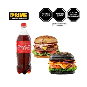 Pack (1 Hamburguesa Prime de res tocino queso + 1Hamburguesa Prime Black Brava + 1Coca Cola 1Lt)