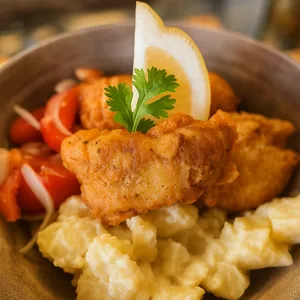 Pescado frito con papas mayo y chilena
