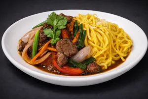 Fettuccine a la Huancaina con Lomo Saltado