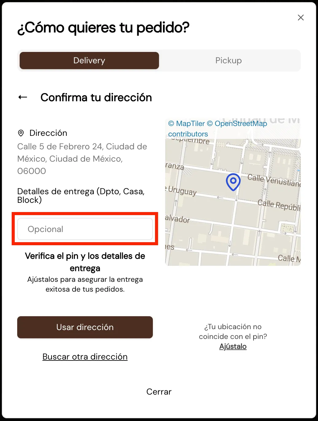 Delivery checkout example showing address and room number fields