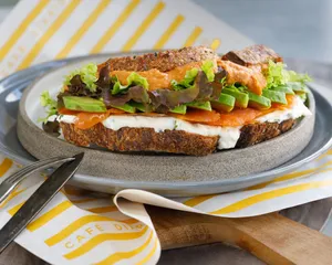 Salmón, palta, mix verde, hummus de pimentón, queso crema y perejil.