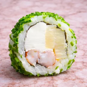 camarón, queso, palmito  en ciboulette