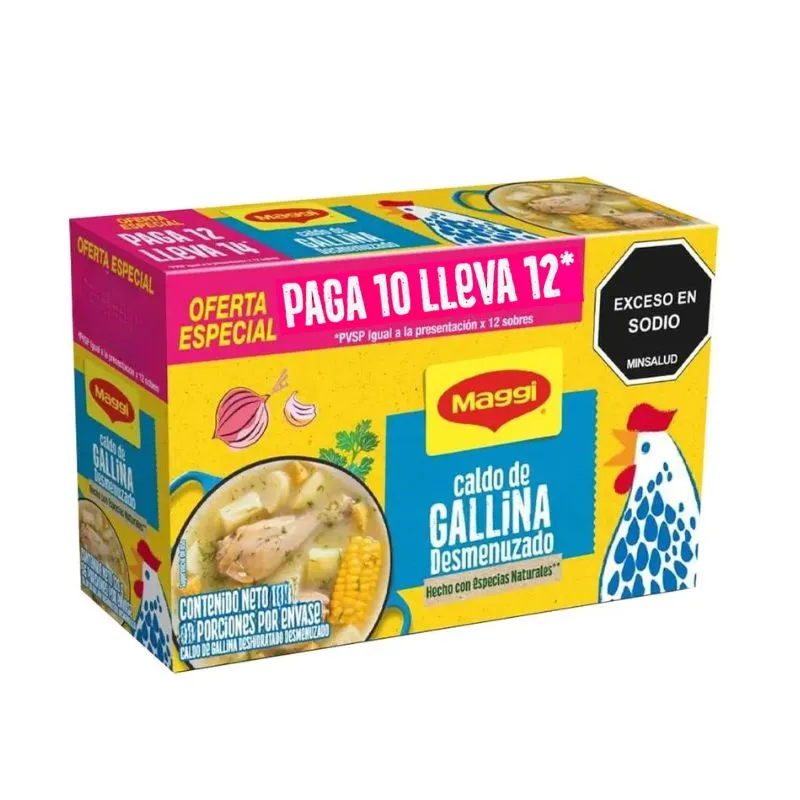 Caldo de gallina maggi desmenuzado x 108 grs paga 10 lleva 12