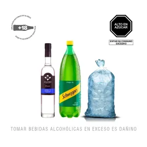 Pack (1 Pisco 4 gallos puro quebranta 500 ml + 1 schweppes 1.5 lt + 1 hielo)