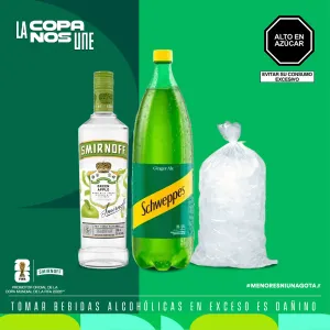 Pack 1 Vodka Smirnoff Green Apple 700Ml + 1 Schweppes Ginger Ale  1.5Lt + 1 Hielo  Fatica Bolsa 1.5Kg