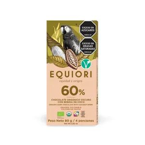 Chocolate orgánico equiori 60% 80 gr oscuro bebida de coco