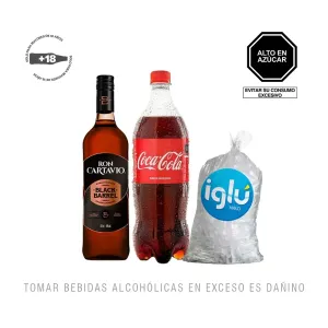 Pack (1 Coca Cola x 1 Lt + 1 Ron Cartavio Black Barrel x 1 Lt + 1 Hielo 1.5 Kg)