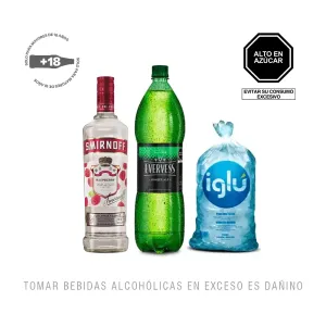 Pack (1 Evervess x 1.5 Lt + 1 Vodka Smirnoff Raspberry x 700 Ml + 1 Hielo 1.5 Kg)Pack (1 Evervess x 1.5 Lt + 1 Vodka Smirnoff Raspberry x 700 Ml + 1 Hielo 1.5 Kg)