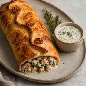 Strudel de salmón ricotta y espinaca con salsa champiñones