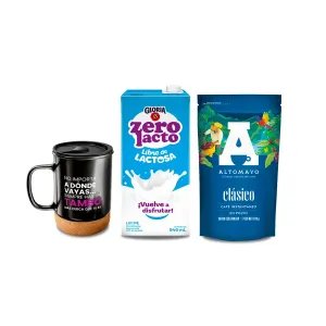 Pack (Taza Cerámica Tambo Diseño Negro - Frase 1 + Café Instantáneo Clásico Altomayo Doy Pack 80 gr + Leche UHT Gloria Sin Lactosa 946 ML)