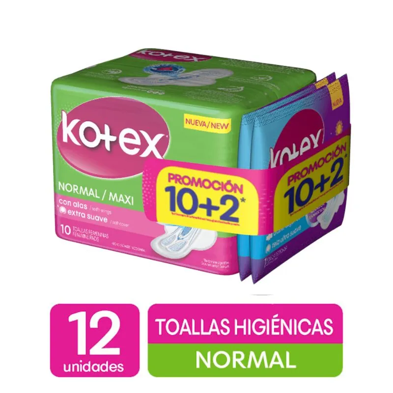 Toallas femeninas kotex normal maxi x 10 unds+2 dia noche Toallas femeninas kotex normal maxi x 10 unds+2 dia noche