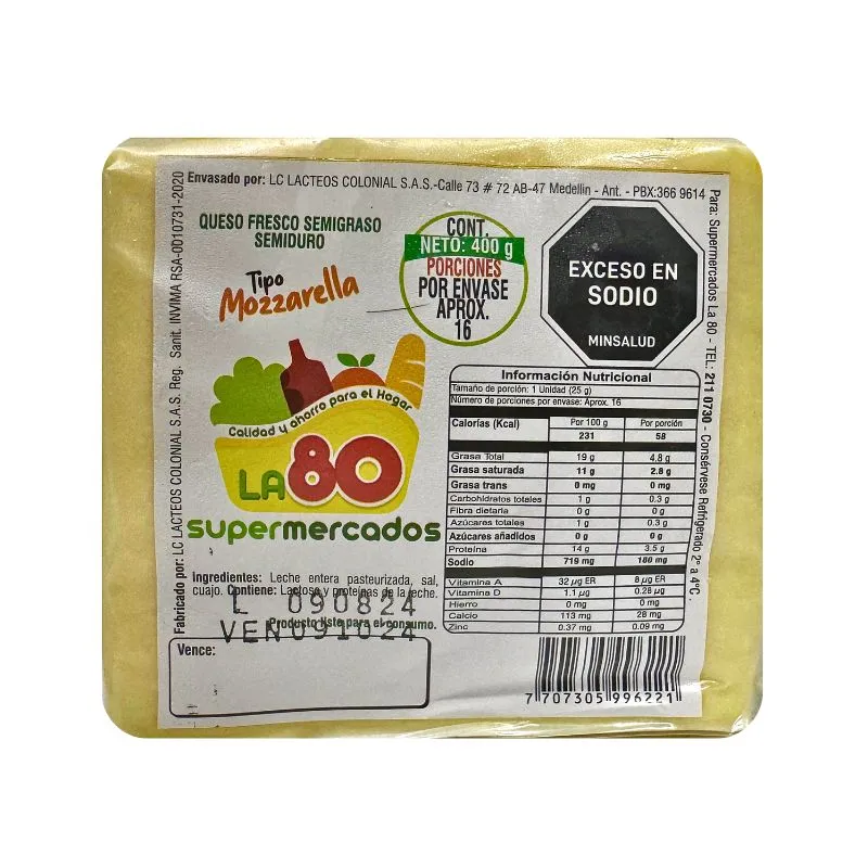 Queso la 80 tipo mozzarella x 200 grs Queso la 80 tipo mozzarella x 200 grs