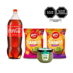 Pack (1 Nachos Original +1 Nachos Picantes Jappy Snack 200 gr + Salsa Dip con palta Casa Verde Frasco 180 gr + Gaseosa Coca Cola 2.5 L)