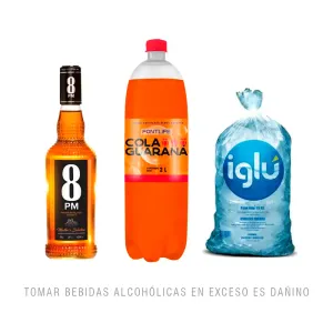 Pack (1 Whisky 8 Pm Blended X 750 Ml + 1 Bebida Carbonatada Fontlife Sabor Guaraná Botella X 2 Lts + 1 Hielo Iglu Bolsa X 1.5 Kg)