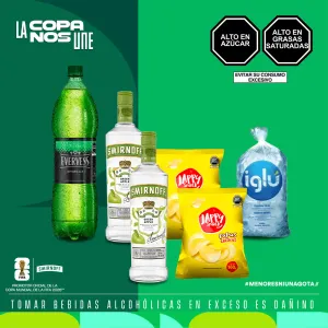 Pack (2 Vodka Smirnoff Green Apple 0.7L + 1 Evervess 1.5Lt + 2 Papas Jappy Snack Clásicas 160 gr + 1 Hielo)