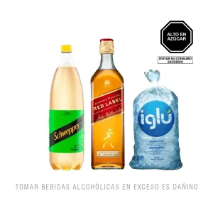 Pack (2 Whisky Johnnie Walker Red Label 750ml + 1 Schweppes Citrus 1.5 Lt + 1  Hielo Iglu 1.5 Kg)