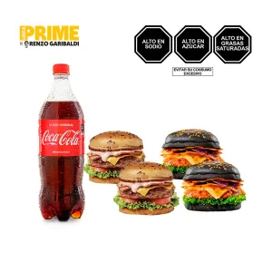 Pack (1 Hamburguesa Prime de res tocino queso + 1Hamburguesa Prime Black Brava + 1Coca Cola 1Lt)