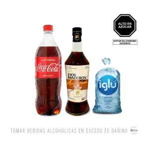 Pack (Ron Dos Maderos Avainillado 750 ml + Gaseosa Coca Cola 1 Lt + Hielo)
