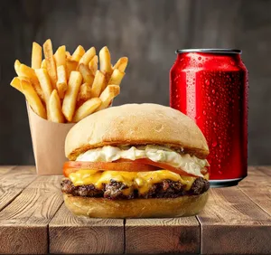 Hamburguesa Not Burger ( tomate, lechuga, pepinillo, cebolla y not mayo) + papas fritas individuales + bebida en lata 350 ml