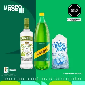 Pack 1 Vodka Smirnoff Green Apple 700Ml + 1 Schweppes Ginger Ale  1.5Lt + 1 Hielo Point 1.5Kg