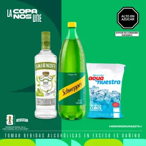 Pack 1 Vodka Smirnoff Green Apple 700Ml + 1 Schweppes Ginger Ale  1.5Lt + 1 Hielo Aquanuestra 1.5Kg