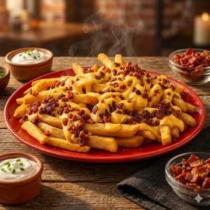 PAPAS CON SALSA CHEDDAR Y TOCINO