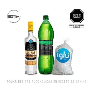 Pack 1 (Pisco Vargas 750ml + Bebida Carbonatada Evervess 1.5Lt + Hielo)