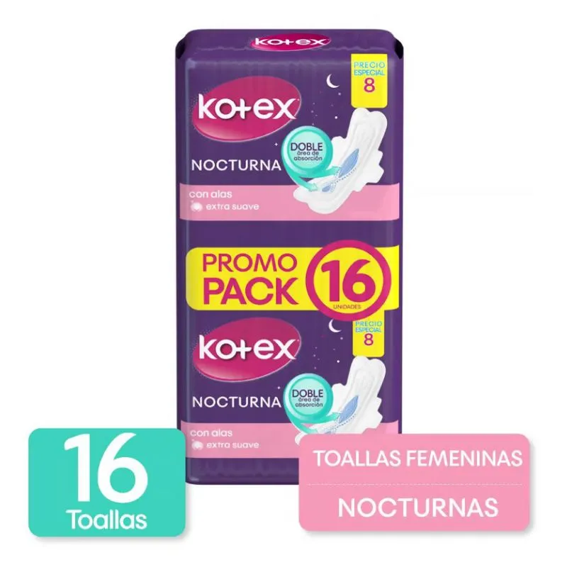 Toallas femeninas kotex nocturna tela x 16 unds con alas promo pack Toallas femeninas kotex nocturna tela x 16 unds con alas promo pack