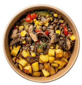 Guiso de lentejas y vegetales con papas rústicas