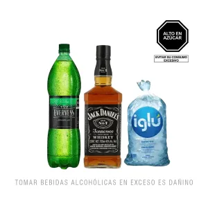 Pack (1 Whisky Jack Daniels 750 Ml + 1 Hielo + 1 Evervess 1.5 Lt)