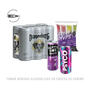 Pack (1 Cerveza De Malta Y Maíz Dragenburg Sixpack 310 Ml + 1 Rtd Party Box Uva Danger Lata 355 Ml + 1 Rtd Psyco Berry Crush 473Ml + 1 Krazy Chups 8% Alcohol Sabores Varios)