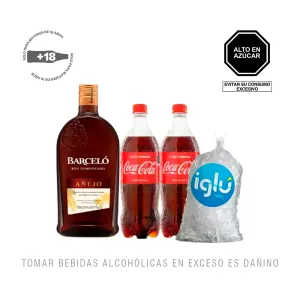 Pack (2 Coca Cola x 1 Lt + 1 Ron Barcelo Añejo Garrafa x 1.75 Lt + Hielo 1.5 Kg)