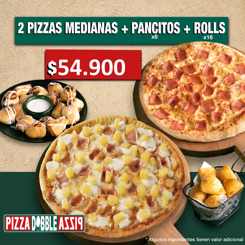 2 Pizzas Medianas + Pancitos x6 + Rolls x16
