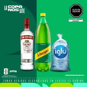Pack (1 Schweppes Ginger Ale x 1.5 Lt + 1 Vodka Smirnoff Red x 700 Ml + Hielo 1.5 Kg)