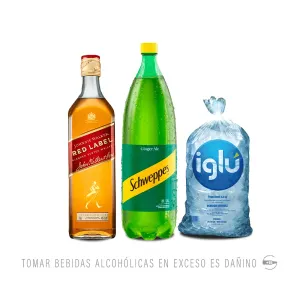 Pack (1 Whisky Johnnie Walker Red Label 750 ml + 1 Bebida Carbonatada Schweppes Ginger Ale 1.5 L + 1 Hielo Iglu 4.5 Kg)