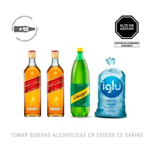 Pack (2 Whisky Johnnie Walker Red Label 750 ml + 1 Bebida Carbonatada Schweppes Ginger Ale 1.5 L + 1 Hielo Iglú Bolsa 1.5 Kg)