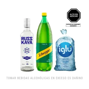 Pack 1 Vodka Russkaya + 1 Schweppes Ginger Ale 1.5Lt + 1 Hielo Del Valle 1.5Kg