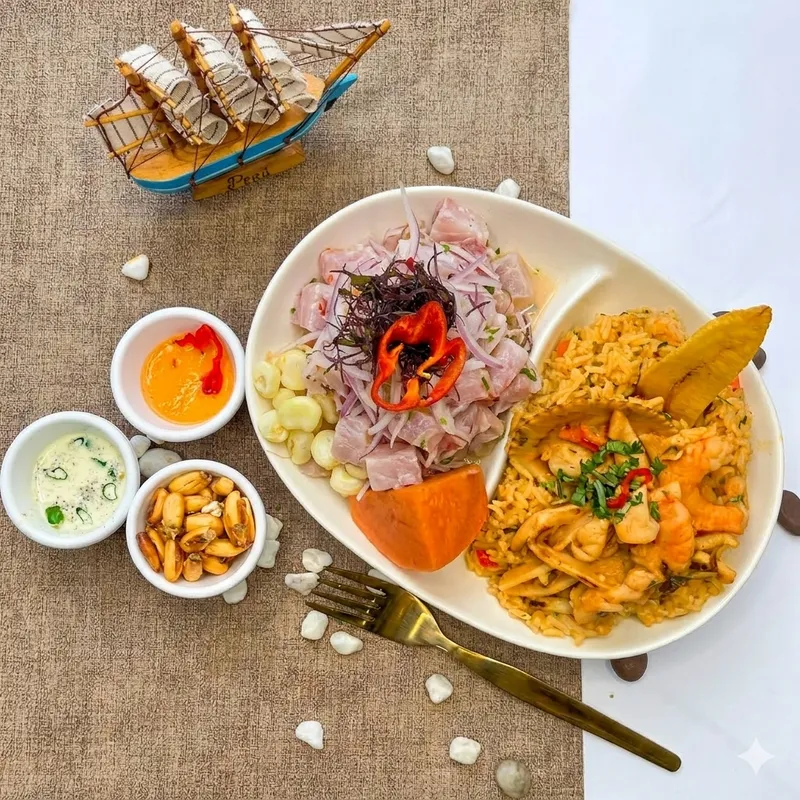Ceviche de pescado + arroz con mariscos Ceviche de pescado + arroz con mariscos