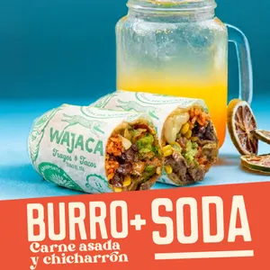 Burro Carne Asada y Chicharrón + Soda